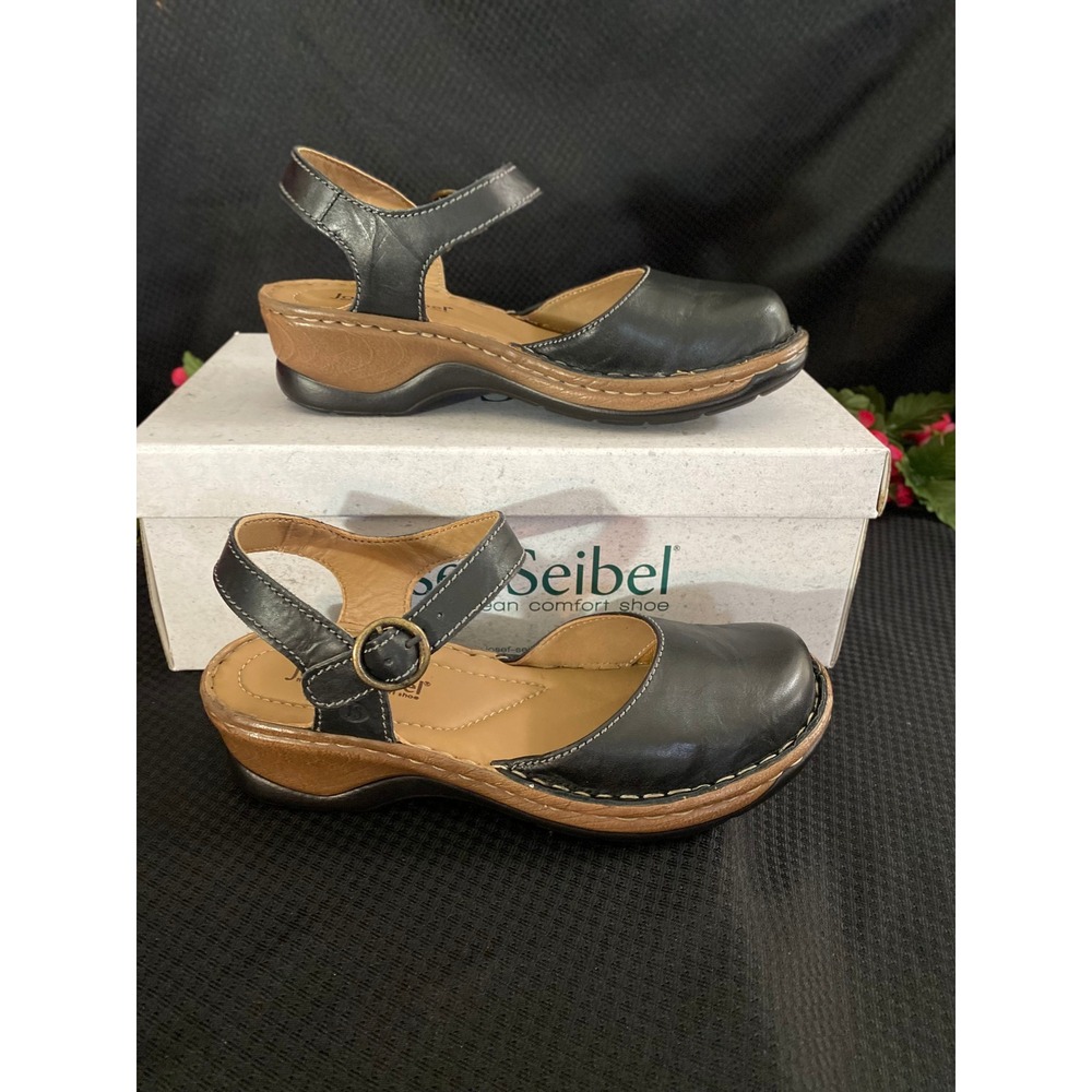 Josef Seibel Antonia 61 Black Leather Comfort Wedge Sandals Womens 37 US 6.5-7